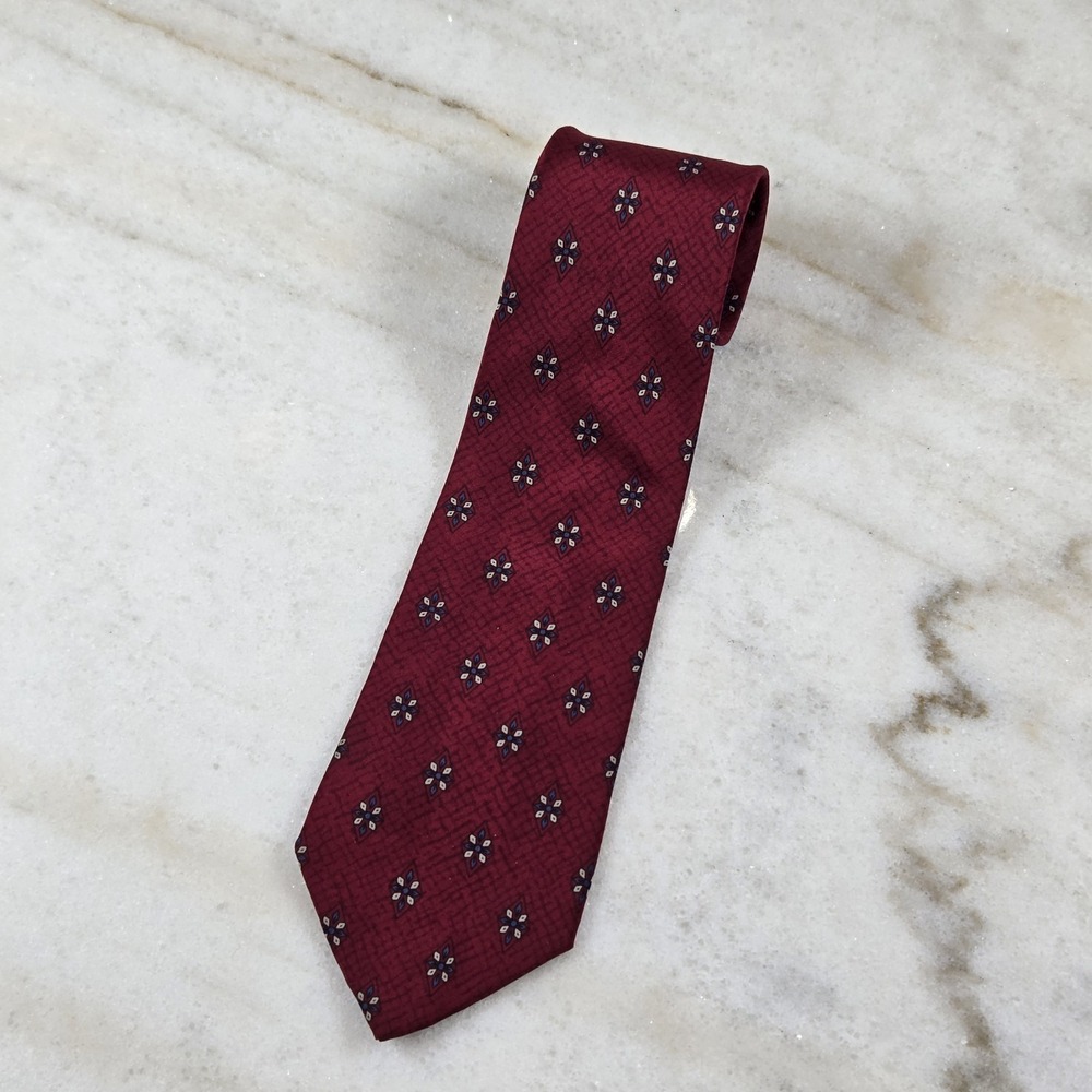 Italian Silk Tie Burgundy Diamond Floral Medallion Foulard Retro Dark Academia